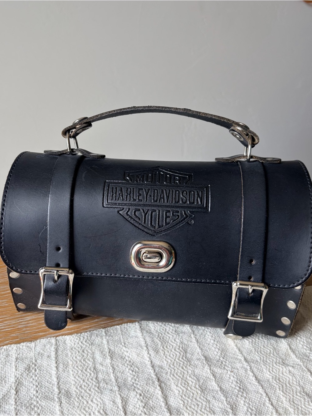 Harley-Davidson Black Leather barrel Bag with Embossed Logo Silver hardware